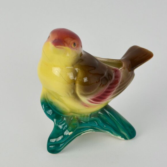 Vintage Royal Copley Kinglet Bird On a Branch Planter Red Beige Yellow Green - Picture 1 of 11